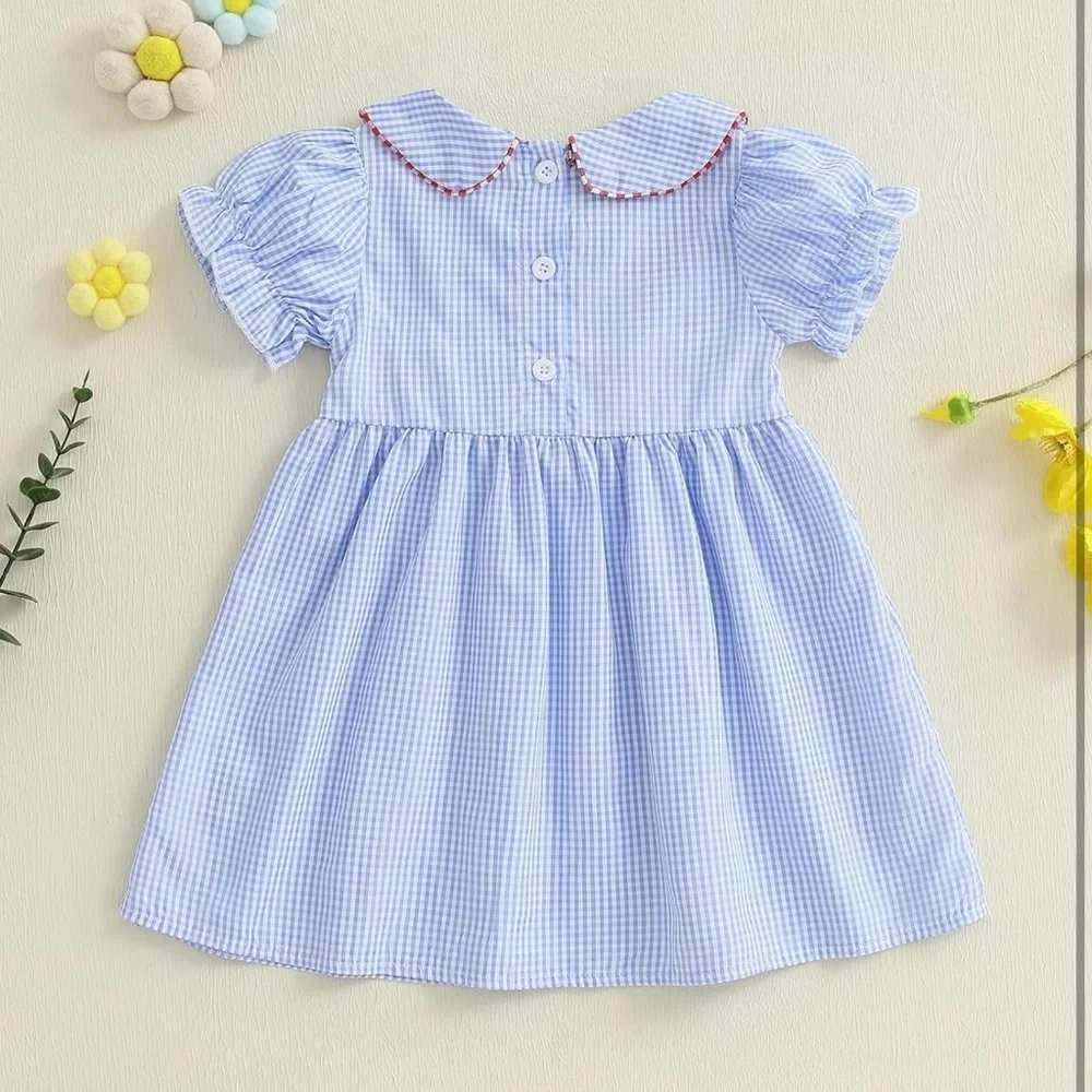 NWT 4T Girls Blue Gingham Alphabet Back to School Short Sleeve Smocked Dress